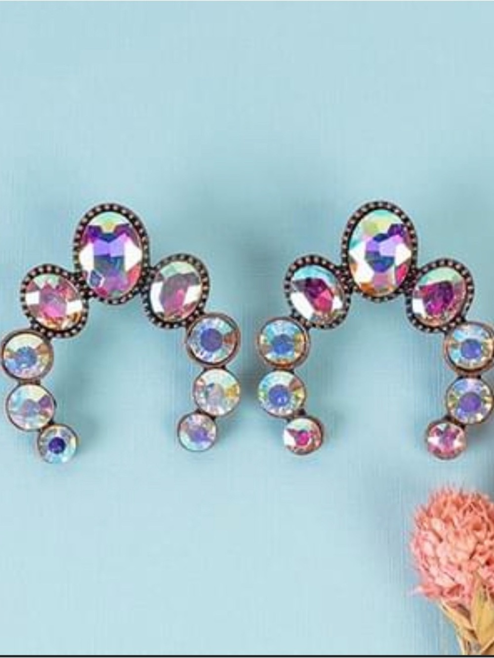 Iridescent Crystal Statement Earrings Squash Blossom AB Crystal Post Back